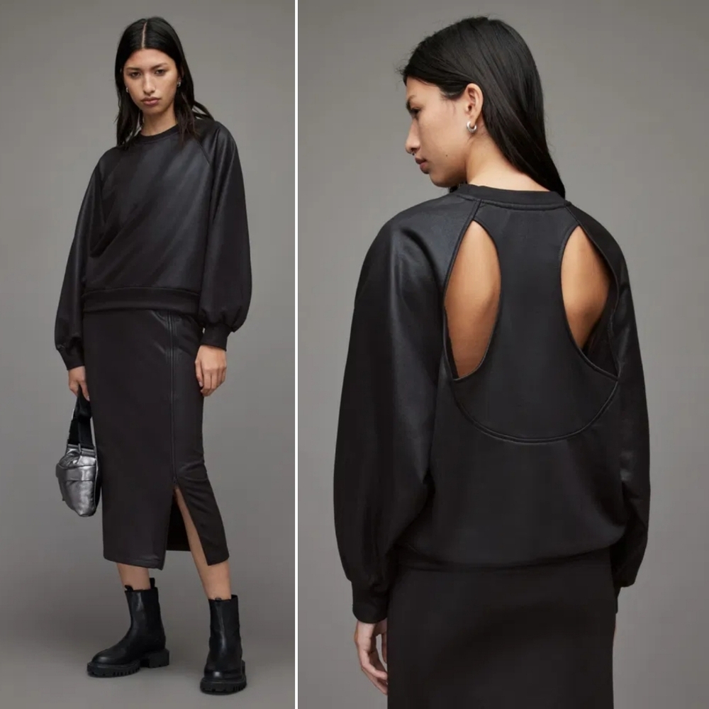 All Saints Cygni Cut Out Coated Sweatshirt in Black
